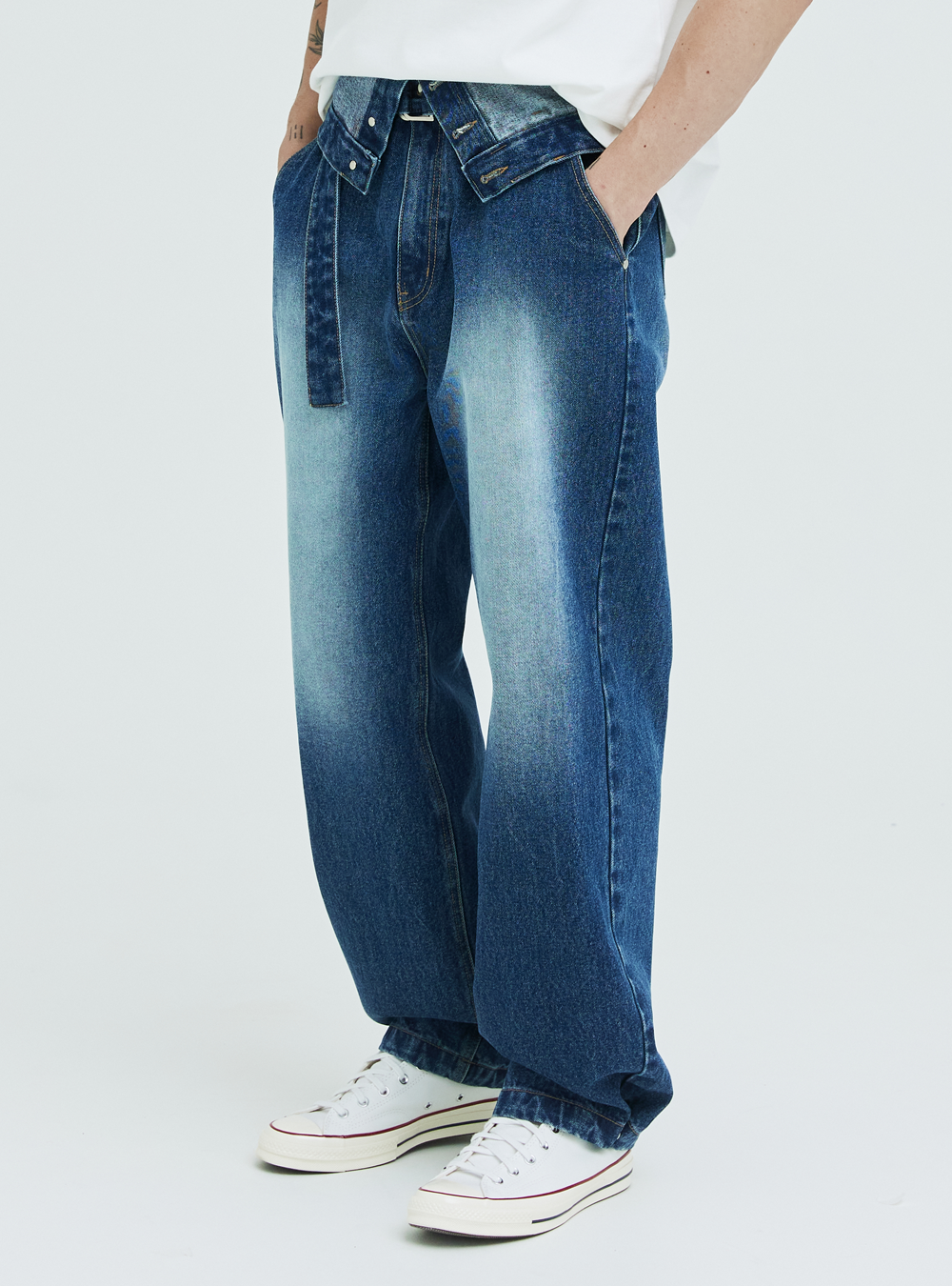 와이드 벨티드 디테쳐블 더블진  Wide belted detachable double jeans (indigo blue)